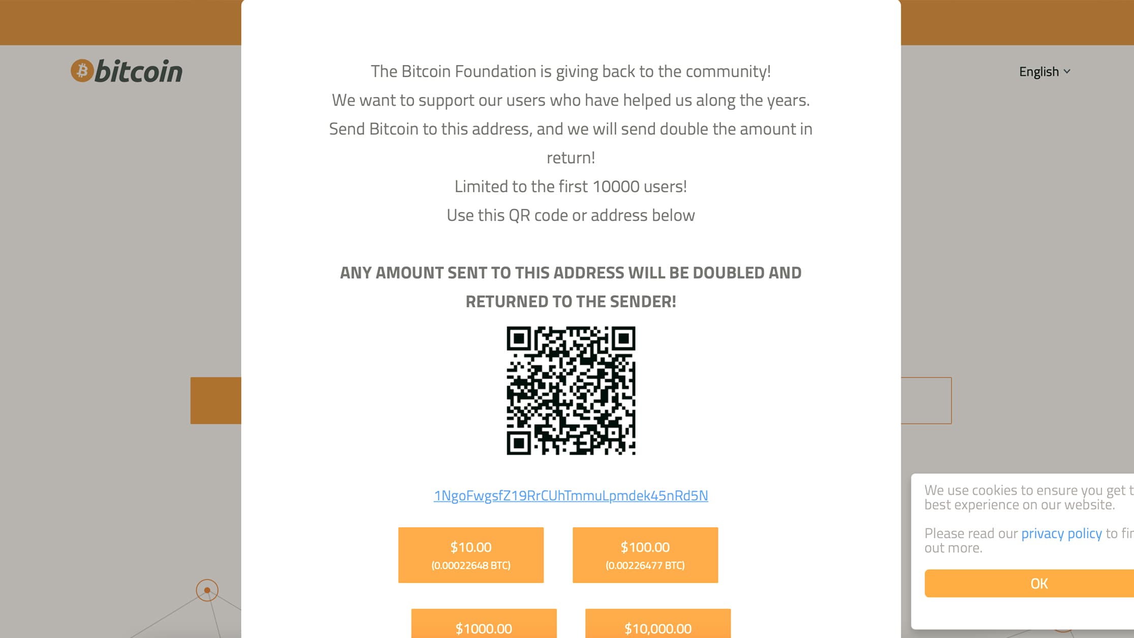 Bitcoin.org Displays Giveaway Scam